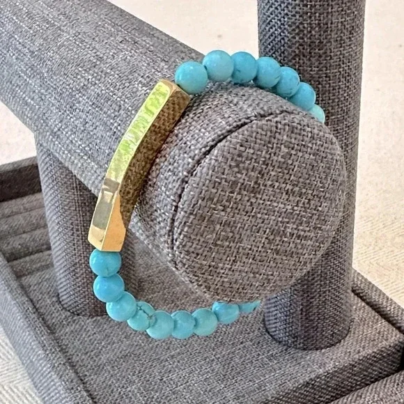 Natural Turquoise Beaded 18k PVD Stainless Steel Bar Stretch Bracelet Waterproof - Picture 3 of 6